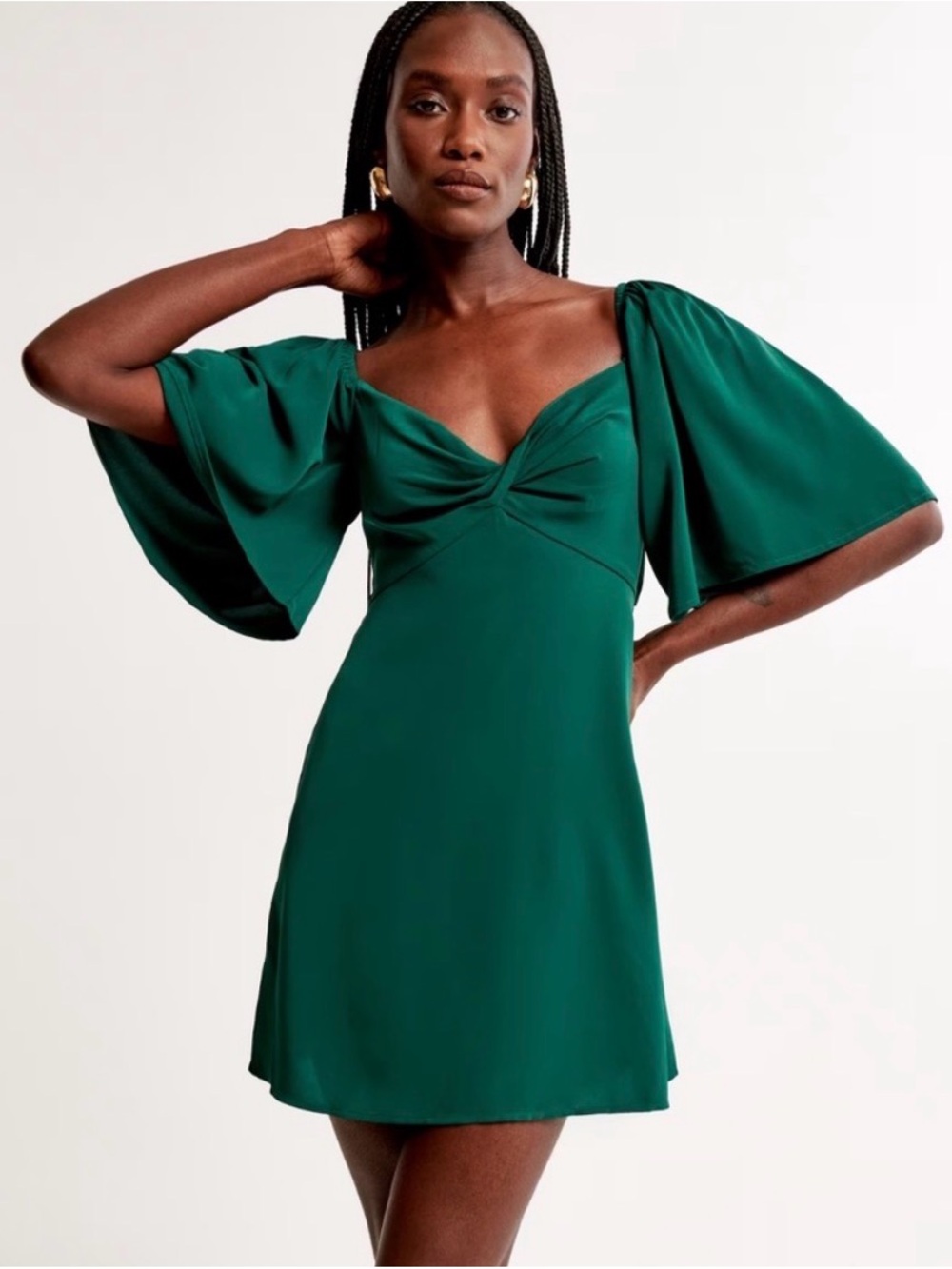 Abercrombie & Fitch Emerald Green Mini Dress with Draped Puff Sleeves